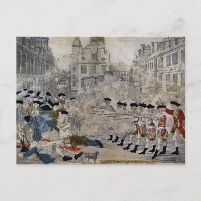 Massakern i Boston av Paul Revere 1770 Vykort (Framsida)