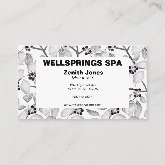 Masseuse Spa Monochrome Twigs och Berries Visitkort (Framsida)