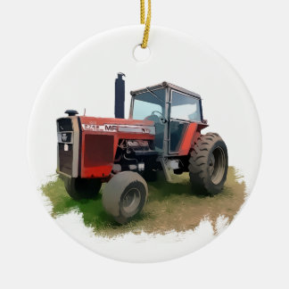 Massey Ferguson röd traktor i fält Julgransprydnad Keramik