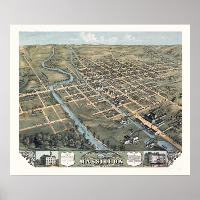 Massillon, OH Panoramic Karta - 1870 Poster (Framsidan)