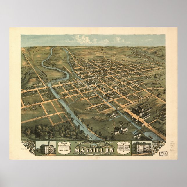 Massillon Ohio 1870 Antique Panoramic Karta Poster (Framsidan)