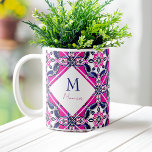 Massiskgåvor, monogram för spanska mexikanska plat kaffemugg<br><div class="desc">Rosa och blå mexikanska plattor av typen Talavera i monogram mugg i bridesmaithyger i brudens sida gynnar</div>