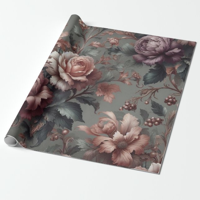 Massiv Wrapping Papper Blommigt Plum Copper Ro Presentpapper (Utrullad)