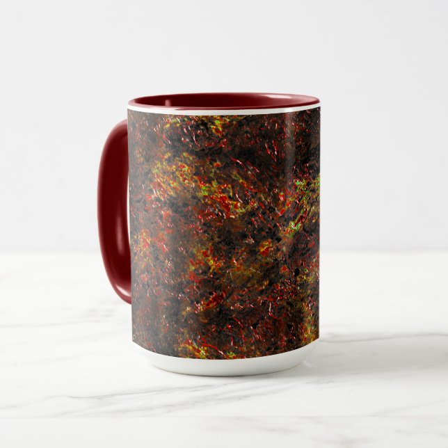 Massiva fläckar och skalade bruna och koralliska f mugg (Framsida vänster)