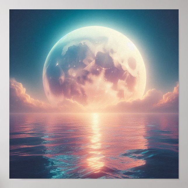 Massive Lunar Glow Over Tranquil Ocean Surface Poster (Framsidan)