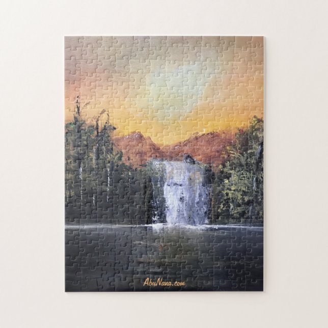 Massive Waterfall, Mountain Painting Jigszle Puzzl Pussel (Vertikal)