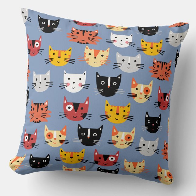 Massor av katter kudde (Funny kitty cat faces blue throw pillow)