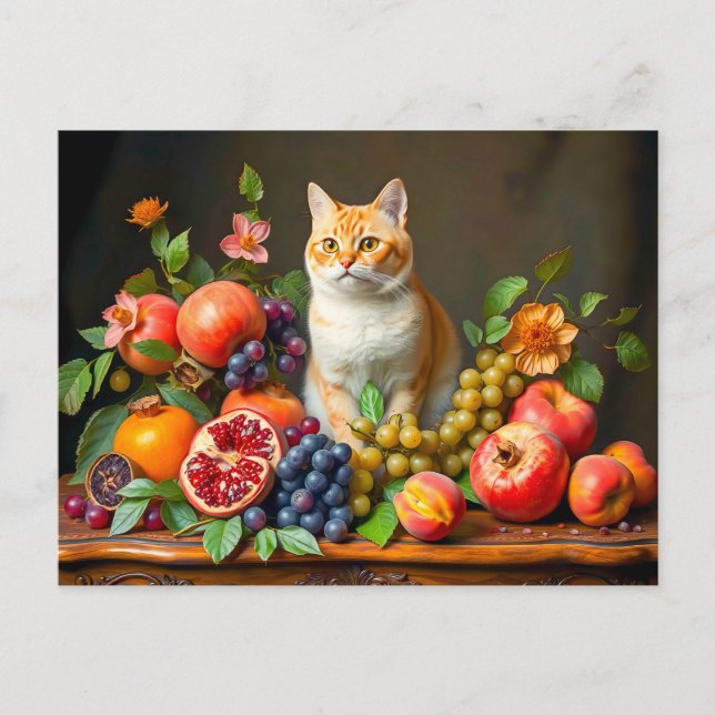 Mästarkatt bland frukter och blommor vykort (Framsida)
