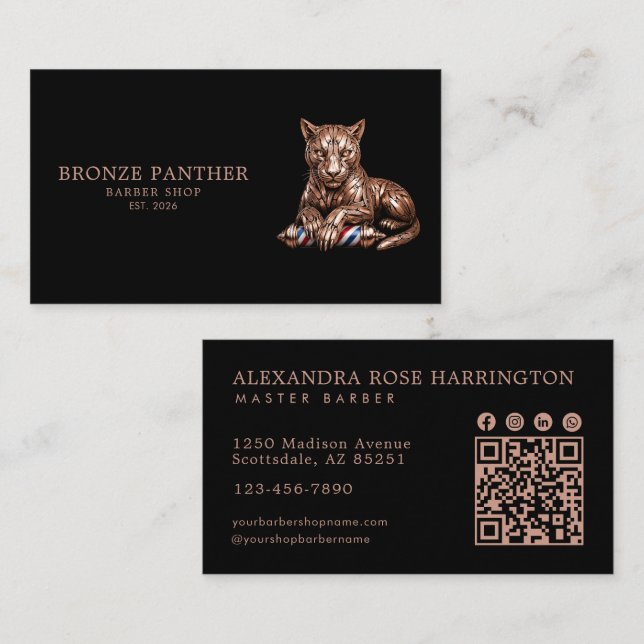 Master Barber Shop Rose Gold Panther Qr-kod Visitkort (Fram/baksida)