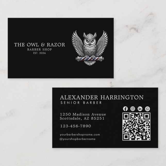 Master Barber Shop Silver Owl Professional Qr-kod Visitkort (Fram/baksida)