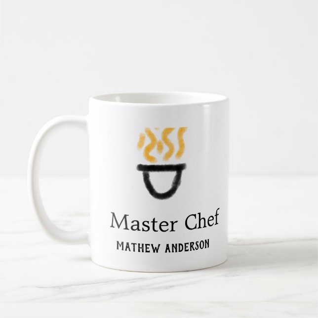 Master chef add name black pan yellow fire fume co kaffemugg (Vänster)