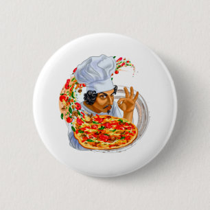 Mäster Pizza Chef Holding Delicious Pizza Knapp