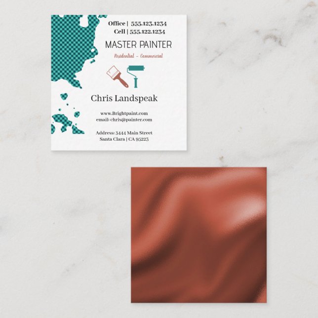 Mastermålare och kopparblå schaktbord mönster fyrkantigt visitkort (Fram/baksida)