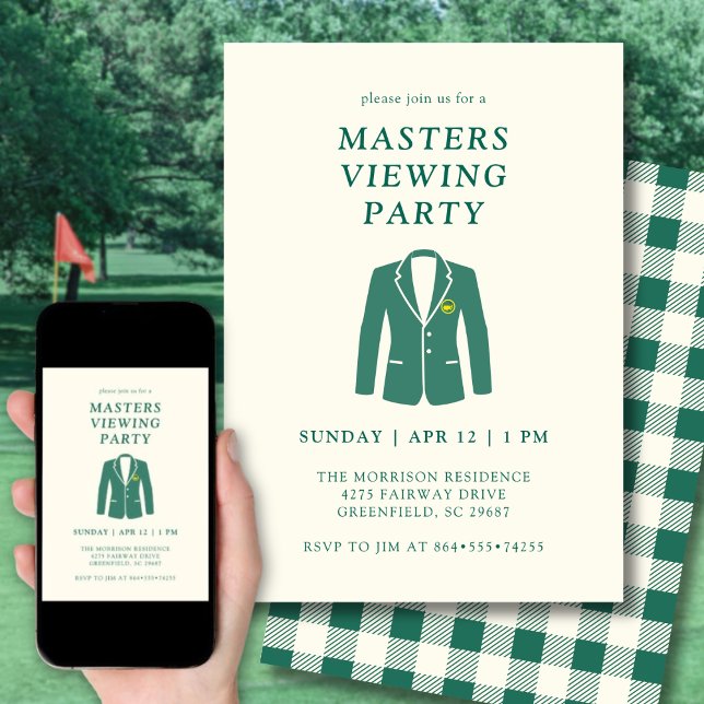 Masters Galajacka Sändning Tittarparty Golf Inbjudningar (Elegant design inspired by the iconic green jacket for your Masters watch party.)