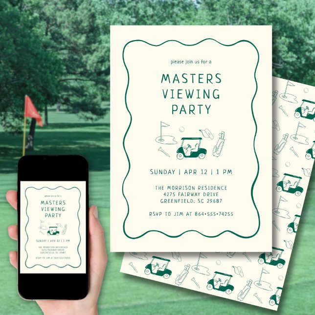 Masters Golf Viewing Watch Party Hand Drawn Green Inbjudningar (Clean, modern layout with hand-drawn golf details.)