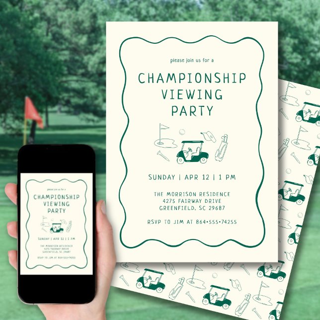 Masters Golf-visningsfest Timmervarv Handritad Grö Inbjudningar (Personalize the details for your Masters or any golf tournament watch party.)