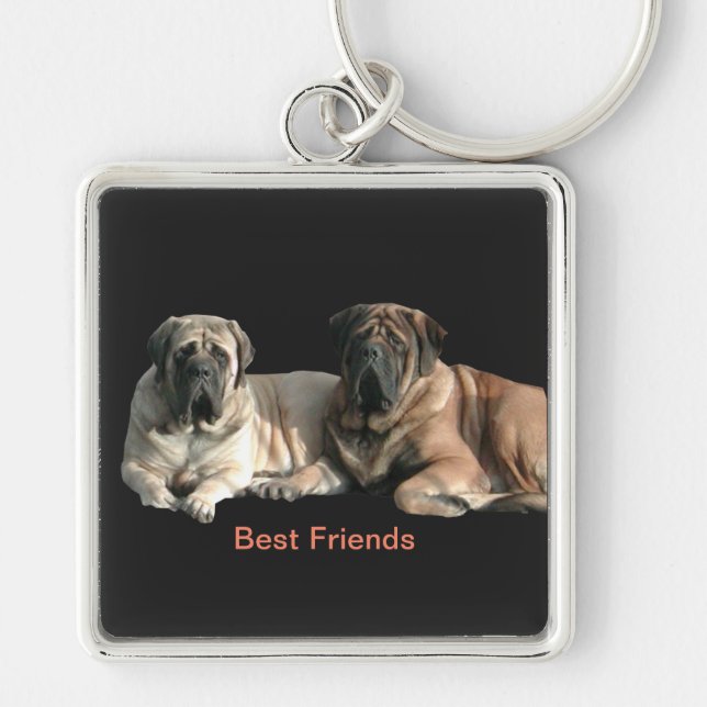 Mastiff Best Friends Fyrkantig Silverfärgad Nyckelring (Framsidan)
