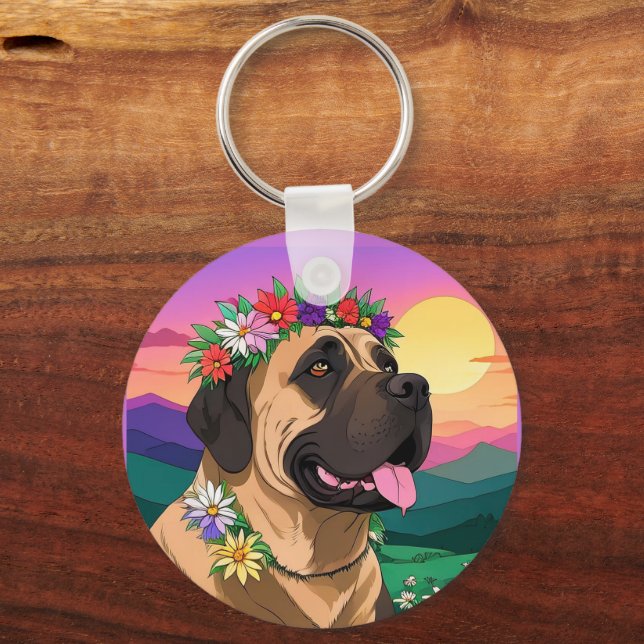 Mastiff englische Dogge mit Blumenkranz Muttertag Nyckelring (Baksida)