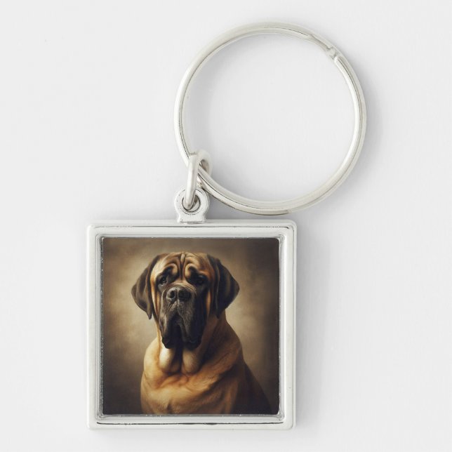 Mastiff Fyrkantig Silverfärgad Nyckelring (Framsidan)
