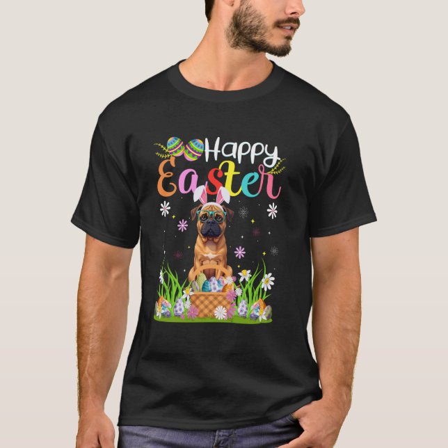 Mastiff Hund Glad Påsk Äggjakt Kanin Öra Påsk T Shirt (Framsida)