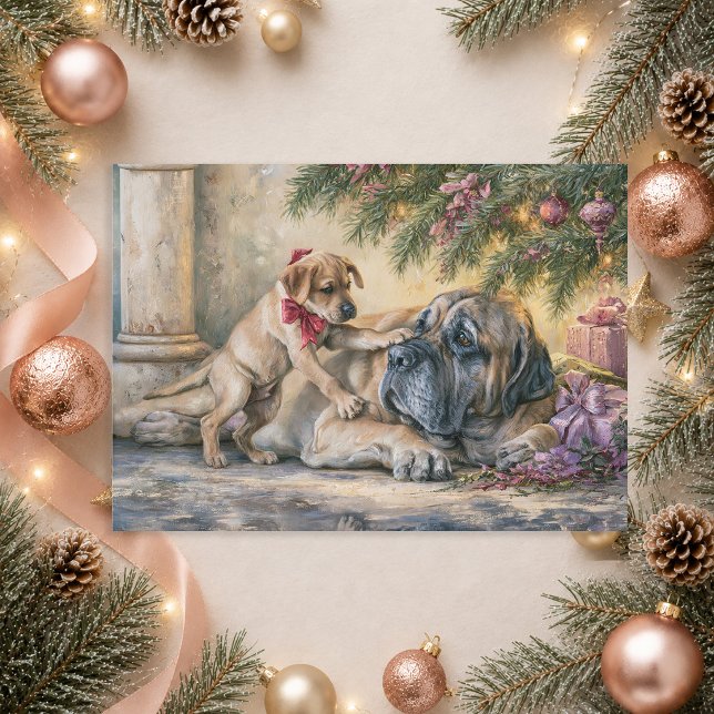 Mastiff Hund Valp Julgran  Julkort (Christmas greeting-Mastiff and puppy)