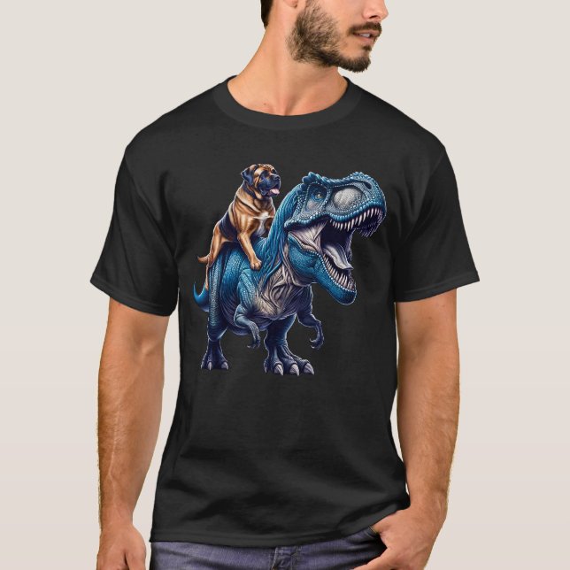 Mastiff Riding Dinosaur Älskare T Shirt (Framsida)