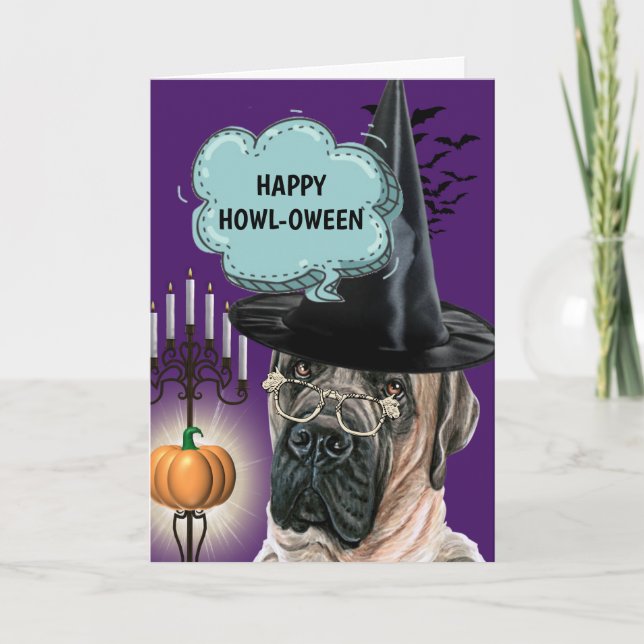 Mastiff söt hund häxa lycklig howloween kort (Framsida)
