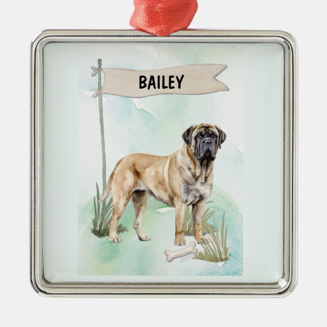 Mastiff Watercolor Personalized Dog Julgransprydnad Metall (Framsidan)