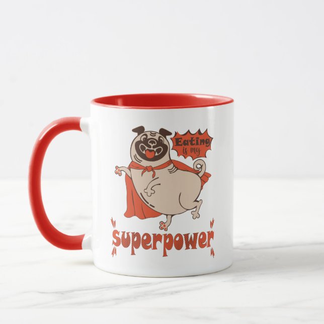 Mat är min supermakts röda kudde tecknad stil mugg (Vänster)