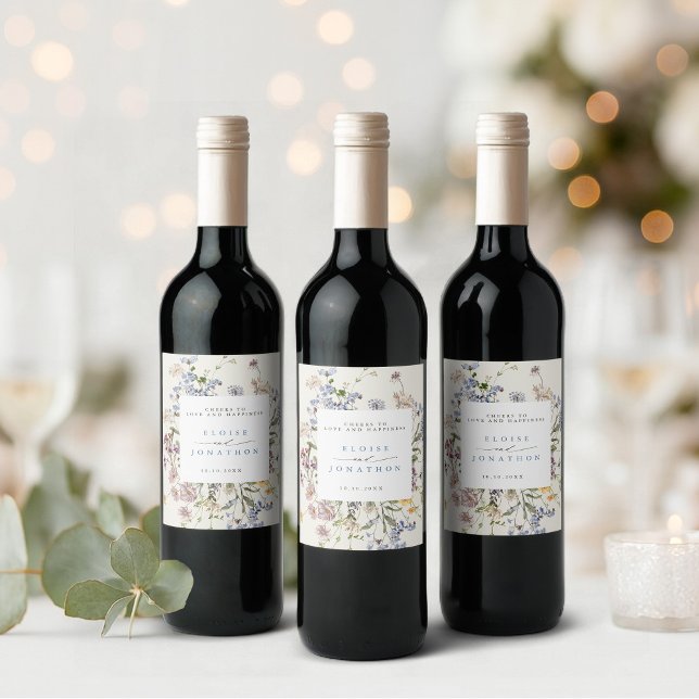 Mat- och dryckesetikett vinflaska etikett (Colorful Spring Wildflower Meadow Garden Wedding Wine Label)