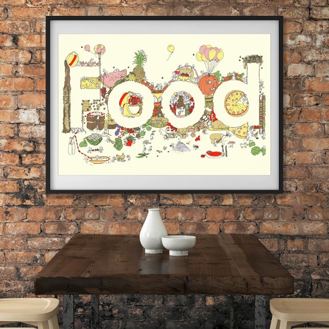 Mat Ord Konst Färgglad Rolig Bakning Typografi Poster (Cute Food word cartoon watercolor art poster unique original artwork by artist Catherine Sweetman )