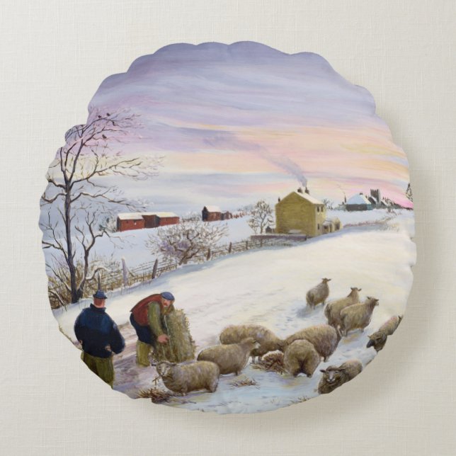 Mata får i vinter rund kudde (Framsidan)