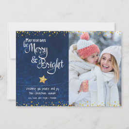 Mata in Bright Script Photo Blue Guld Star Glitter Julkort
