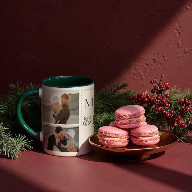 Mata in och Vågigt modern minimal 3-fotokollage Mugg (Merry & Bright Wavy Modern Minimal 3 Photo Collage Mug)