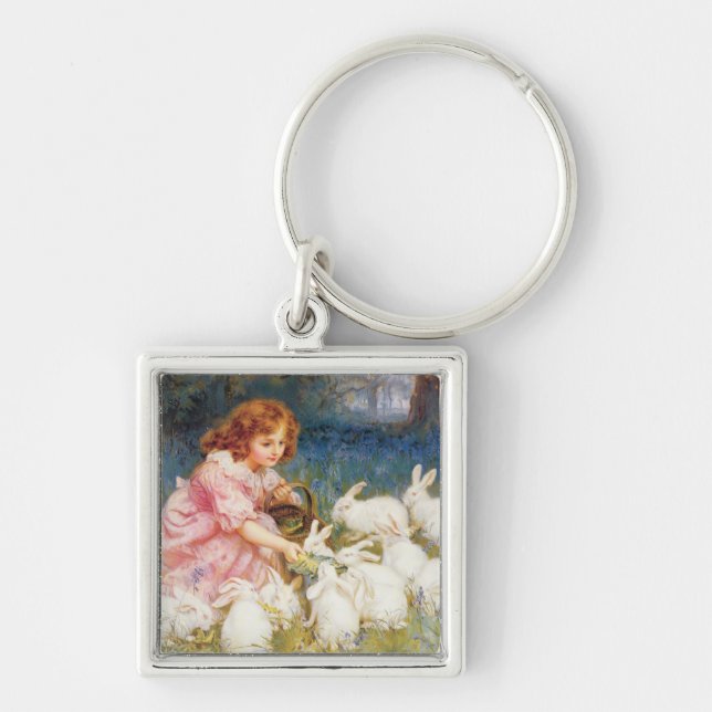 Mata kaninerna fyrkantig silverfärgad nyckelring (Framsidan)