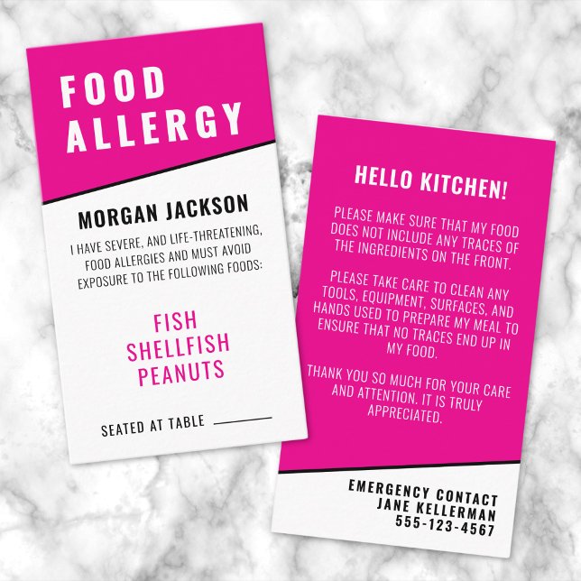 Matallergi Rosa kök Säkerhetskort Visitkort (Food Allergy Pink Kitchen Safety Card)