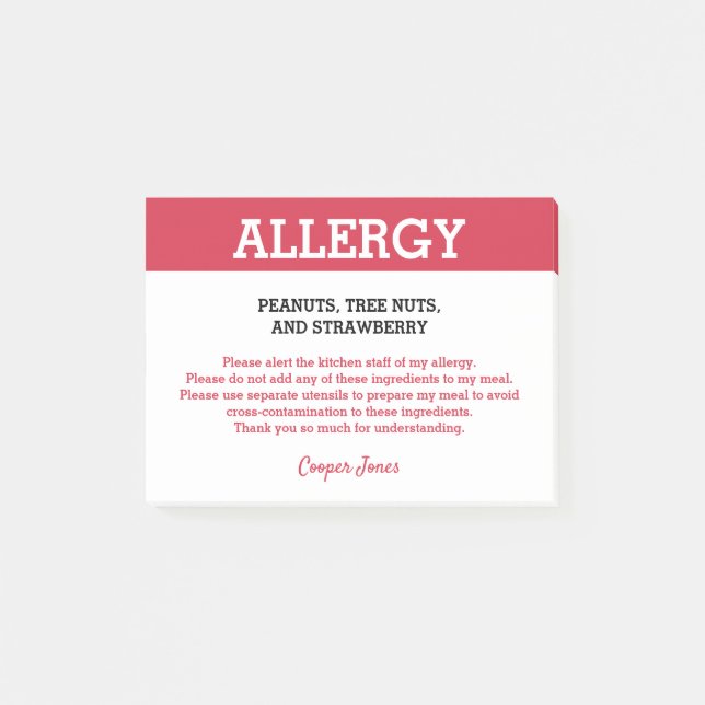 Matallergi Varnings Restaurang Personlig Post-it Block (Framsida)