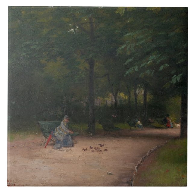 Matande av fåglar i parken (av Paul Peel) Kakelplatta (Framsidan)