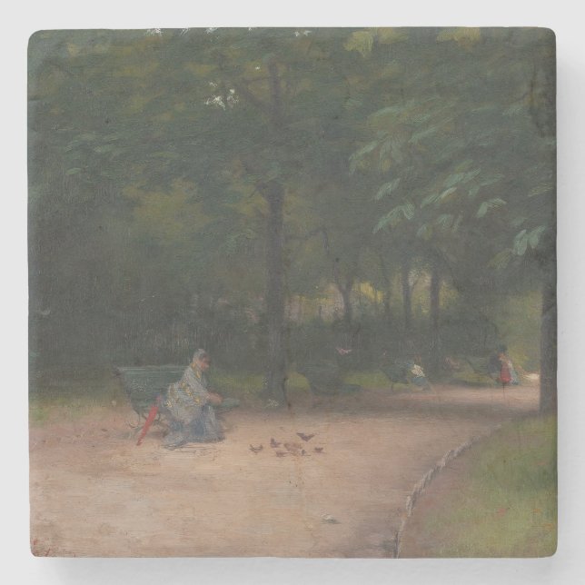 Matande av fåglar i parken (av Paul Peel) Stenunderlägg (Framsidan)