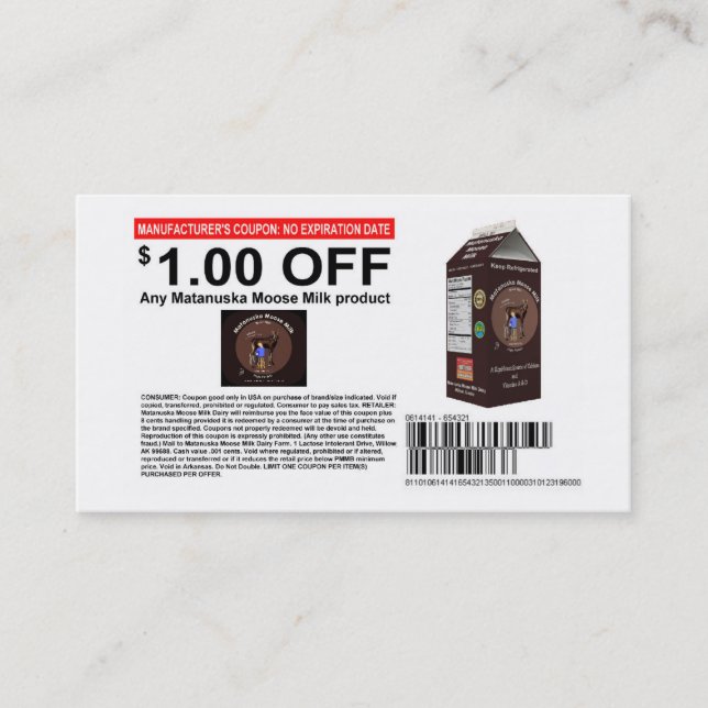 Matanuska Moose Mjölk Coupon Rabattkort (Framsida)