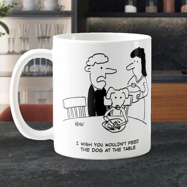 Matar en Hund vid Bord. Funny Kaffemugg (Skapare uppladdad)
