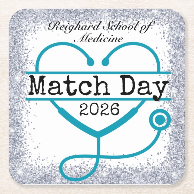 Match Day Turquoise Blue 2026 Glitter Stetoskop  Underlägg Papper Kvadrat (Framsidan)
