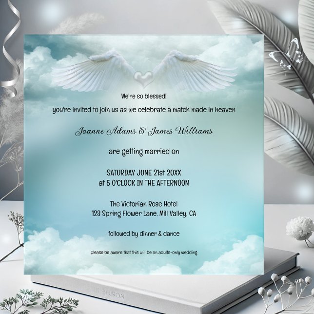 Match Made in Heaven Angel Vingar Bröllop Inbjudningar (Cloud nine wedding invitation featuring angel wings on a soft cloud. A match made in heaven)