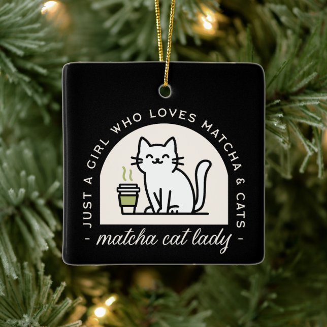 Matcha and cat lovers funny quotes aesthetic black julgransprydnad keramik (Träd)