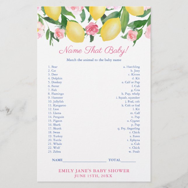 Matcha Baby djur med Mamma Lemons Shower Game Card Flygblad (Framsidan)