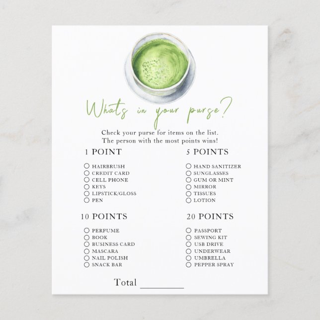 Matcha baby shower - Vad har du i handväskan spel (Framsida)