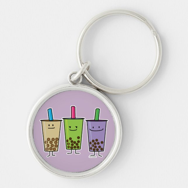 Matcha boba tea grönt drink mjölk Taro tapioca Rund Silverfärgad Nyckelring (Framsidan)