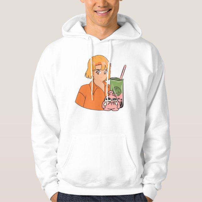 Matcha Bubble Tea-tid – Estetisk Orange Anime Gi Hoodie (Framsida)
