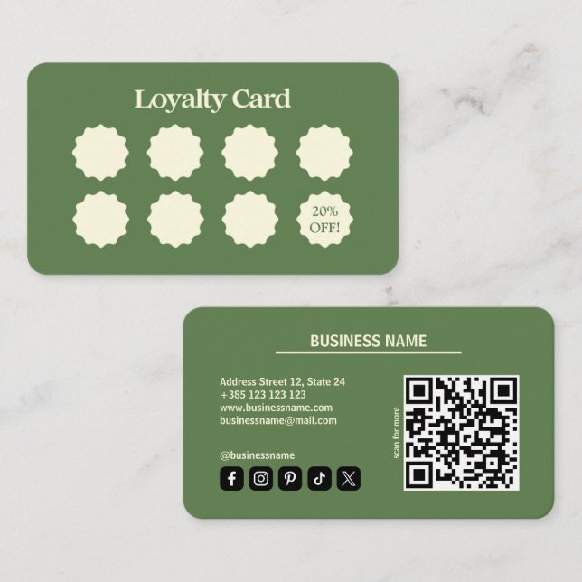 Matcha Grönt Modern QR-kodförmånskort Lojalitetskort (Fram/baksida)