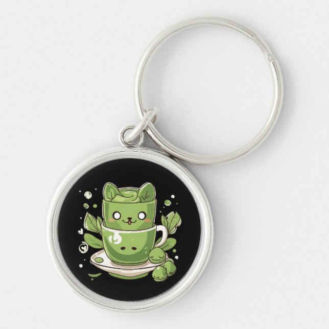 matcha grönt te rund silverfärgad nyckelring (Framsidan)
